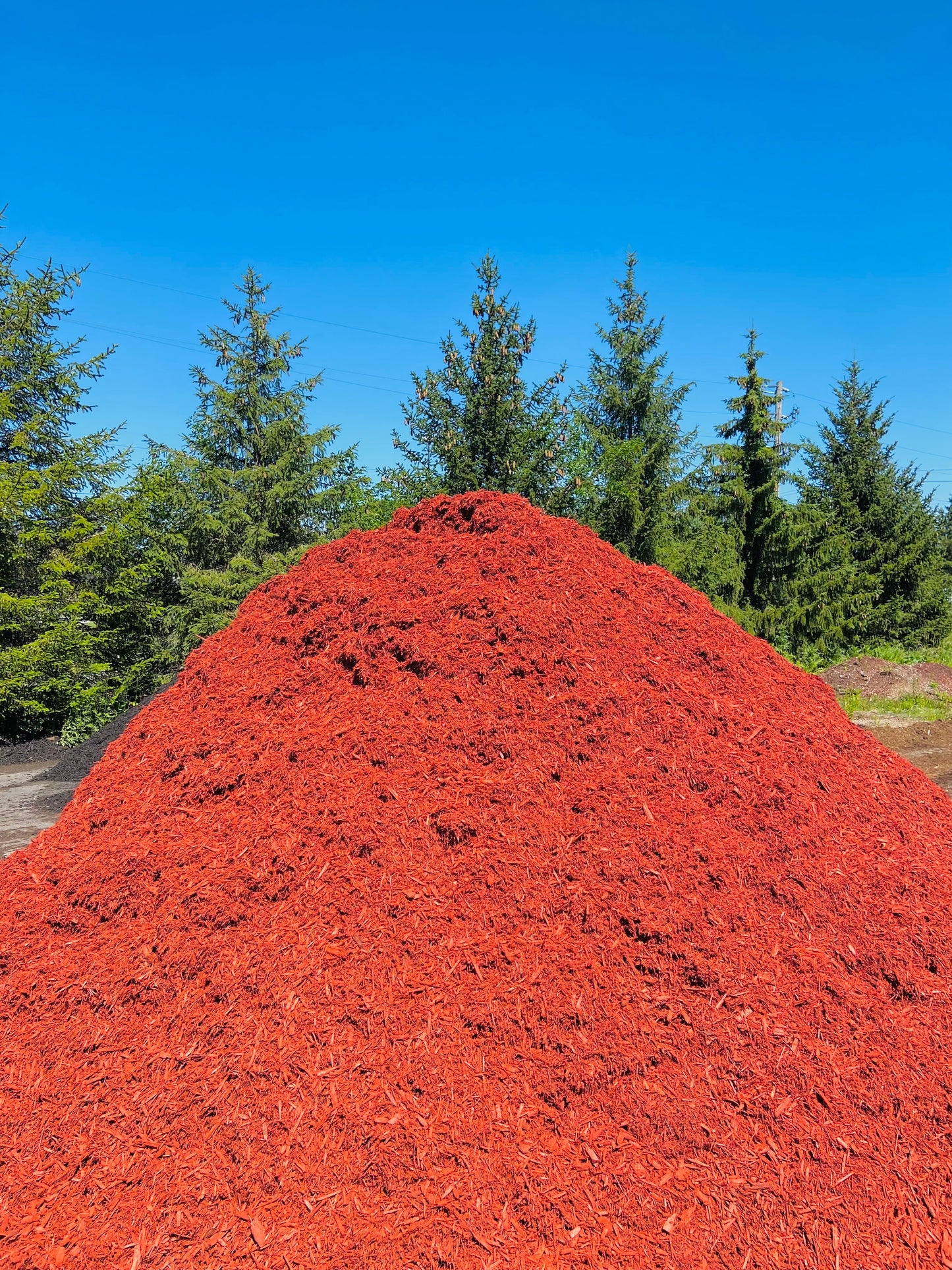 Premium dyed red mulch in a large pile at Raney Tree Care facility in Moline, IL