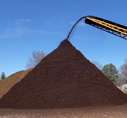 Premium dyed brown mulch in a large pile coming off a conveyor at Raney Tree Care facility in Moline, IL