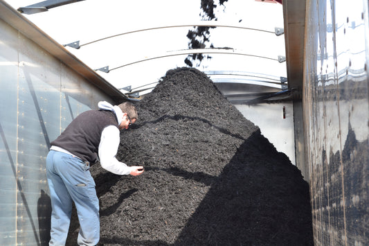 Professional landscaper standing before a large pile of premium black mulch ready for distribution.