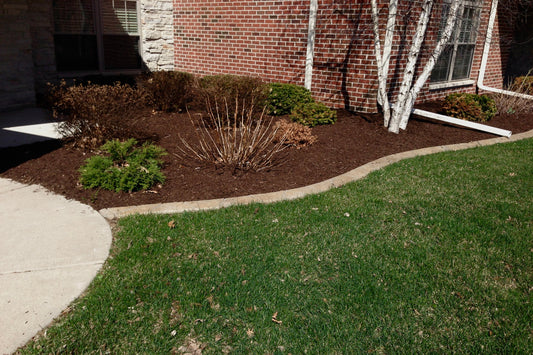 Fresh brown mulch enhancing the beautiful landscaping in front of a residential house.